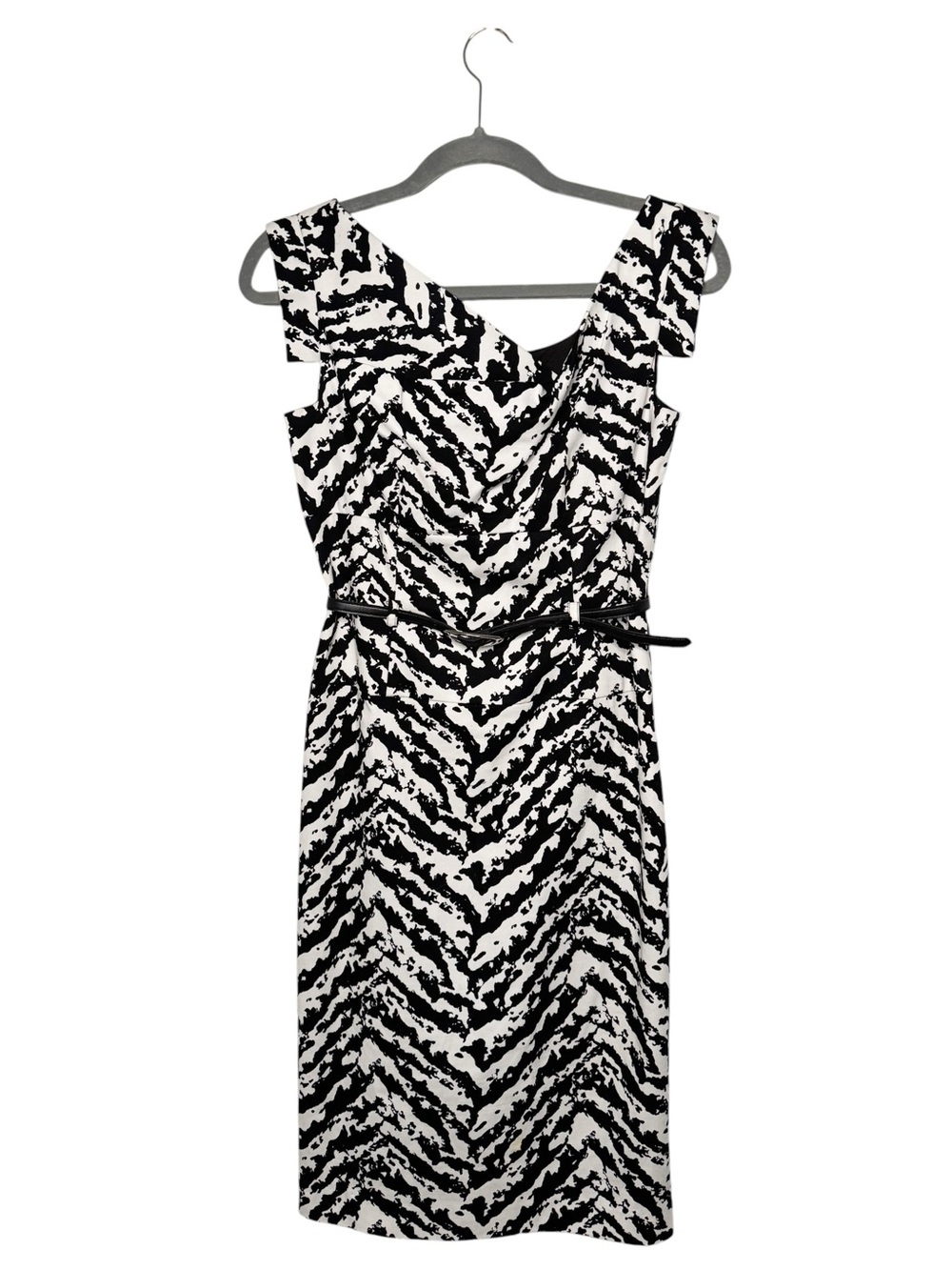 Adrienna Papell Black White Zebra Print Belted Asymmetrical Dress Size 4
